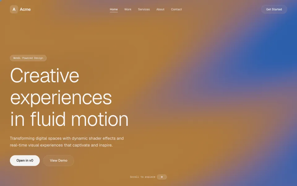 Screenshot of the Shaders Landing Page template: flowing webgl gradient.
