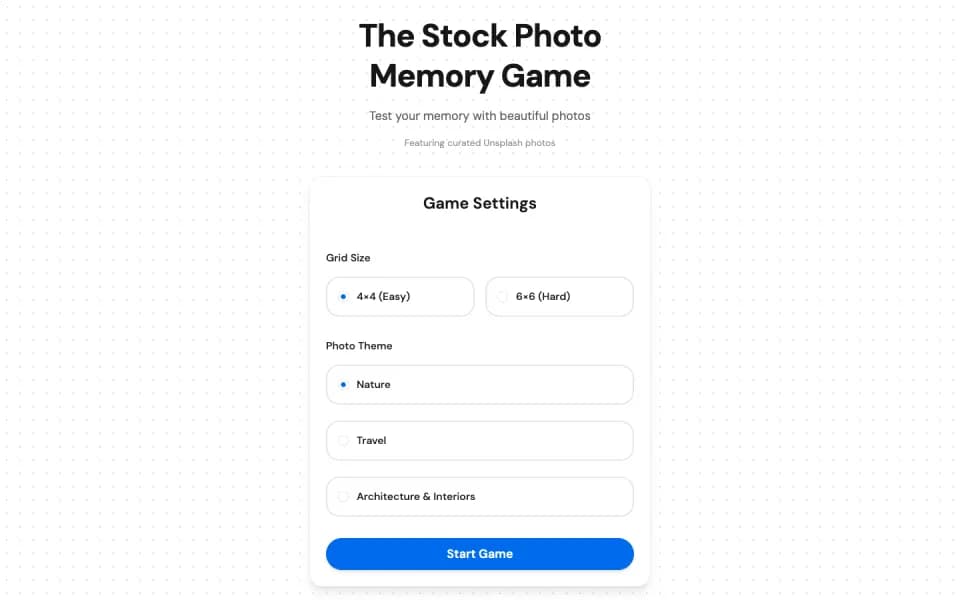 Screenshot of the Memory Game template: playful photo memory game.