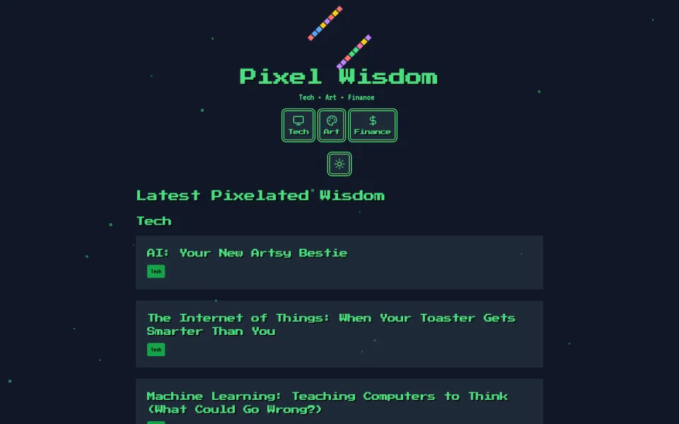 Screenshot of the Retro Pixel Blog template: pixel-art night sky.